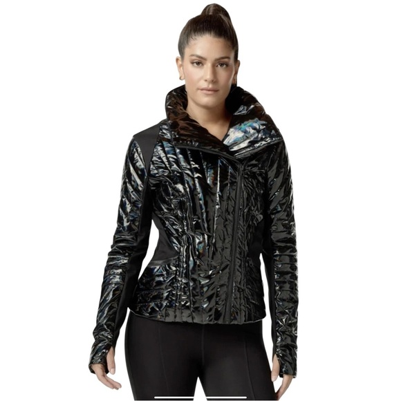 Blanc Noir | Black Iridescent Quilted Asymmetrical Puffer Jacket | S - Picture 1 of 15